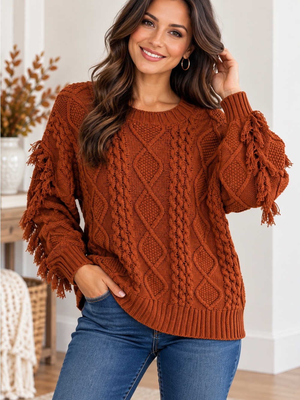 Rust Cable Fringe Crewneck Sweater Boho Western Fall Fringe Free People Inspired